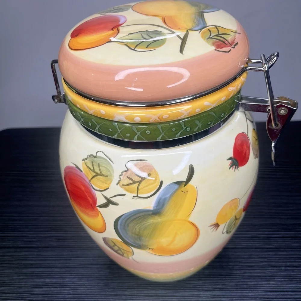 Gibson Everyday Kitchen Canister Hand Painted Fruit Ceramic Metal Clamp Lid 9in